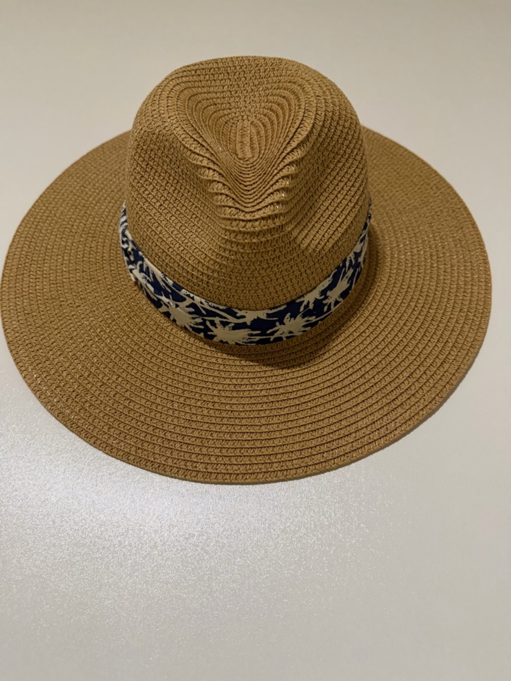 Wide-Brim Tan Straw Sun Hat with Navy & Cream Band
